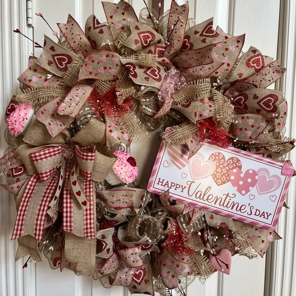 HUGE Valentines Day Wreath 28” Burlap Farmhouse Rustic Pink Red Hearts XLARGE